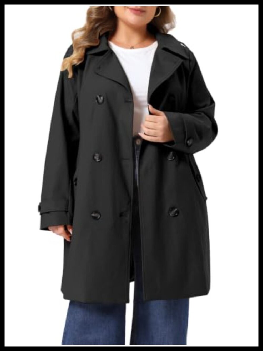 Plus Size Trench Coat Women Notch Lapel Double Breasted Detachable Hood Mid Long